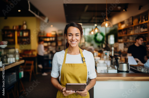 A cheerful barista wearing a yellow apron, holding a tablet in a warm and inviting cafe, ready to serve customers photo