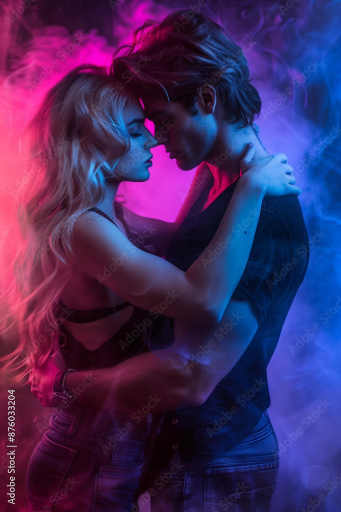 Naklejka premium Long wavy blond haired woman with sensual muscular man. YA paranormal fantasy concept. Darkness with color burst. Mist, smoke, fog. Couple in love. Glowing light. Surreal epic fantasy dystopian love. 
