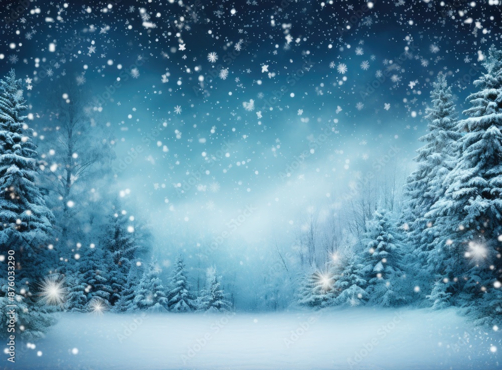 A magical winter wonderland scene with snow-covered trees and a blue sky with falling snowflakes. A magical winter wonderland scene with snow-covered trees and a blue sky with falling snowflakes.