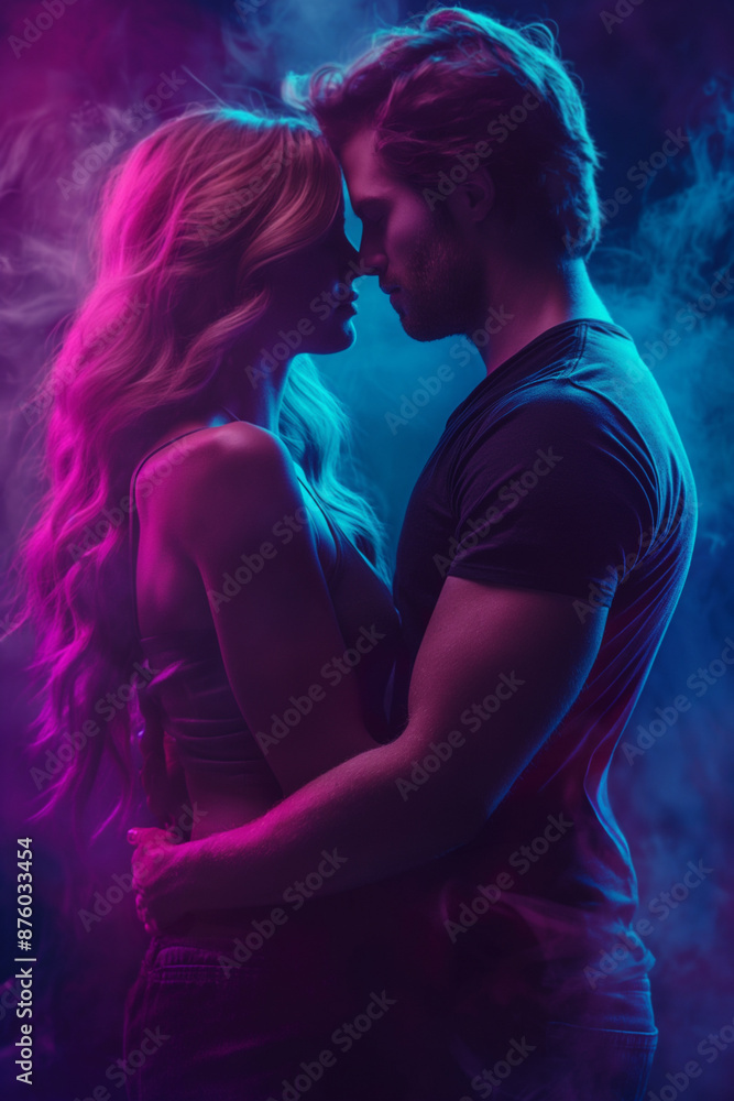 Long wavy Bond haired woman and muscular man. YA paranormal fantasy concept. Darkness with color burst. Mist, smoke, fog. Couple in love. Glowing light. Surreal epic fantasy dystopian love. 