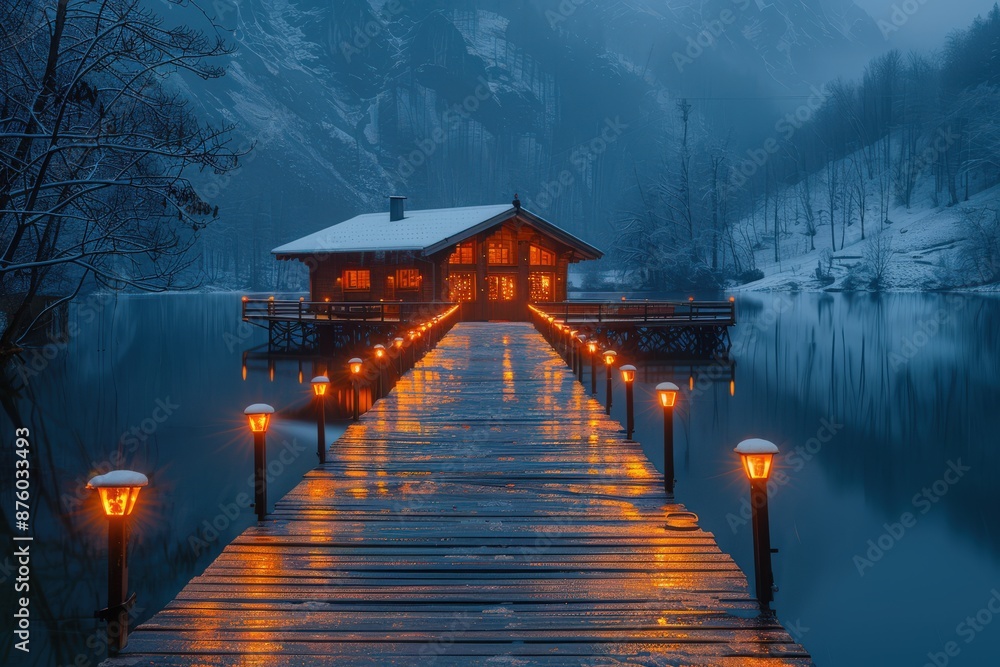 Fototapeta premium A serene lakeside cabin illuminated by warm orange lights, with a snowy landscape in the background, showcasing the calm and peaceful atmosphere of winter evenings.