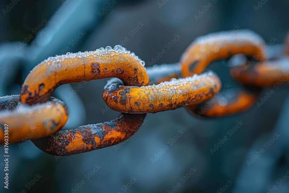 Close-up image of a rusty, weathered metal chain with visible frost and ice droplets, showcasing the intricate patterns of corrosion and the beauty of frozen water Close-up image of a rusty, weathered metal chain with visible frost and ice droplets, showcasing the intricate patterns of corrosion and the beauty of frozen water