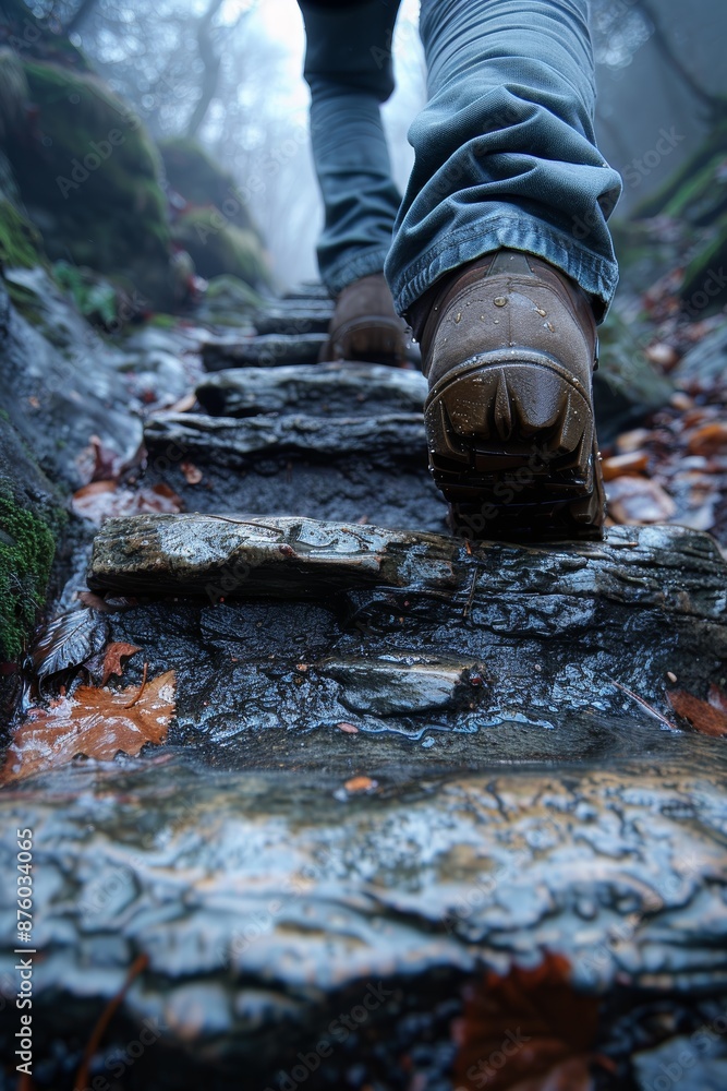 A person wearing rugged hiking boots and jeans walking up a rocky, wet staircase surrounded by lush moss and fallen leaves in a misty forest environment A person wearing rugged hiking boots and jeans walking up a rocky, wet staircase surrounded by lush moss and fallen leaves in a misty forest environment