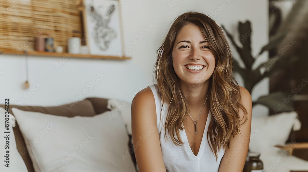 a laughing beautiful young woman sitting on couch a laughing beautiful young woman sitting on couch
