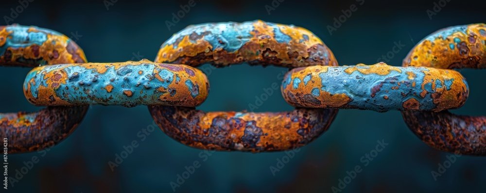 An extreme close-up of a section of a heavily rusted and weathered metal chain link with vibrant textures and colors highlighting the corrosion over time An extreme close-up of a section of a heavily rusted and weathered metal chain link with vibrant textures and colors highlighting the corrosion over time