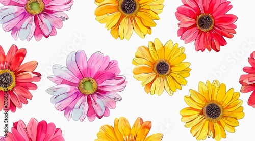 Wallpaper Mural Buds of colored gerberas evenly spreaded on white background, watercolor floral pattern design. Torontodigital.ca