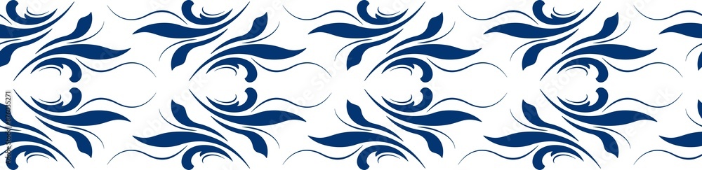 Blue leaves on white background. Folk floral border vector illustration. Ethnic paisley horizontal ornament. Vintage floral design element. Fantasy geometric shapes for decor clothes, home, etc. Blue leaves on white background. Folk floral border vector illustration. Ethnic paisley horizontal ornament. Vintage floral design element. Fantasy geometric shapes for decor clothes, home, etc.