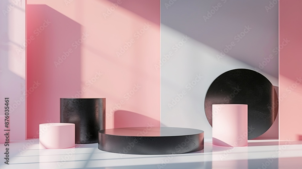 Sleek Podiums Setup for Merchandise Display in Minimalist Setting, Perfect for Advertisements Sleek Podiums Setup for Merchandise Display in Minimalist Setting, Perfect for Advertisements