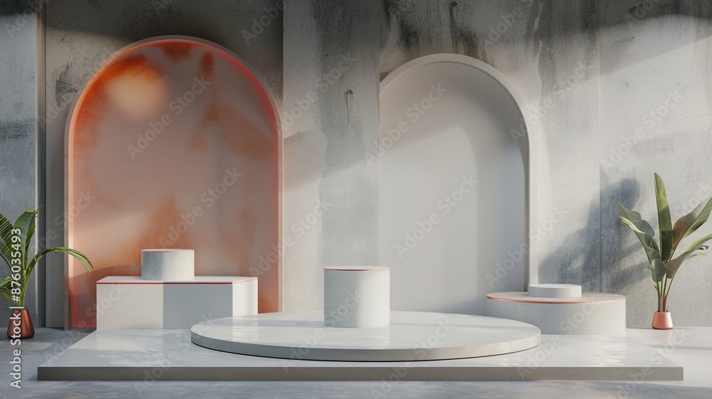 Modern Presentation Setup with Empty Podiums for Product Showcasing Modern Presentation Setup with Empty Podiums for Product Showcasing
