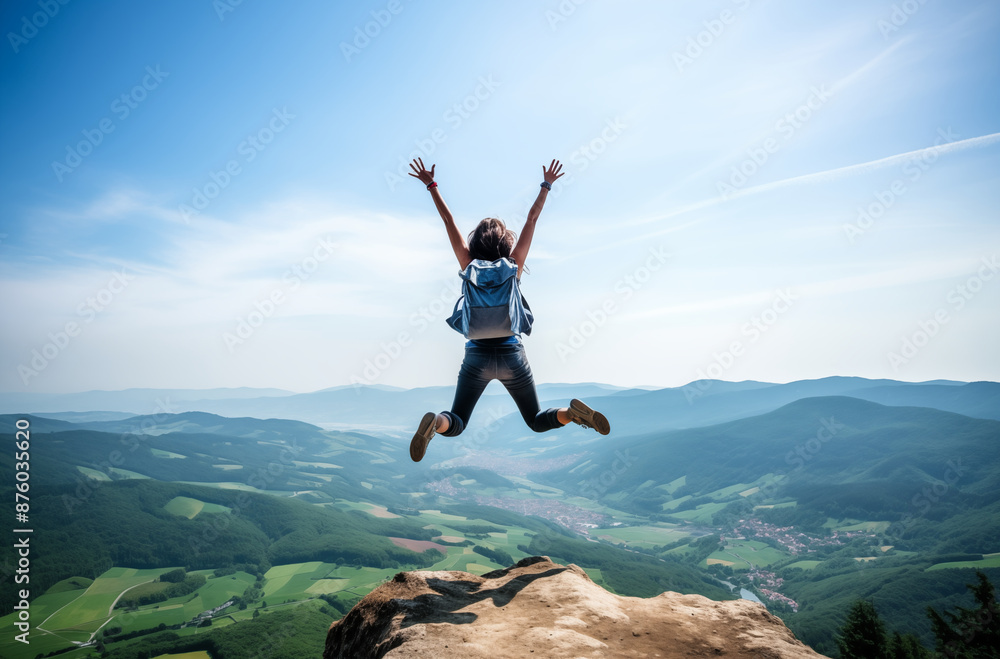 Excited woman with arms raised, celebrating on a mountain peak with a beautiful landscape Excited woman with arms raised, celebrating on a mountain peak with a beautiful landscape
