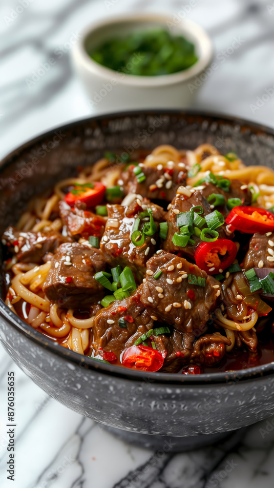 A Bowl of Spicy Korean Beef Noodle Soup With a Soft-Boiled Egg and Fresh Green Onions A Bowl of Spicy Korean Beef Noodle Soup With a Soft-Boiled Egg and Fresh Green Onions