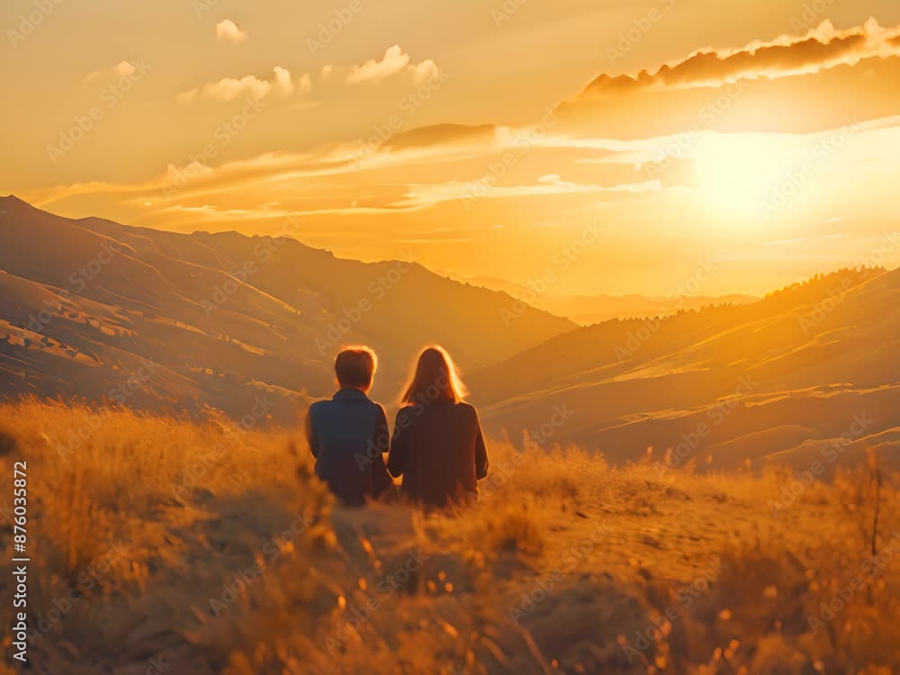 couple in love during the golden hour, with mountains in the background couple in love during the golden hour, with mountains in the background