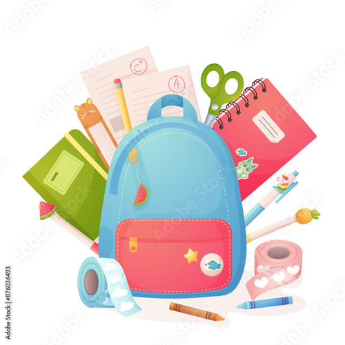 Concept, backpack with school stationery, pens, notebooks. Isolated cartoon illustration.