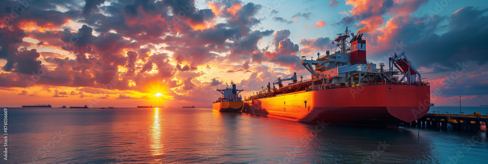 A Tanker Ship Docked at a Port Terminal Under a Dramatic Sunset A Tanker Ship Docked at a Port Terminal Under a Dramatic Sunset