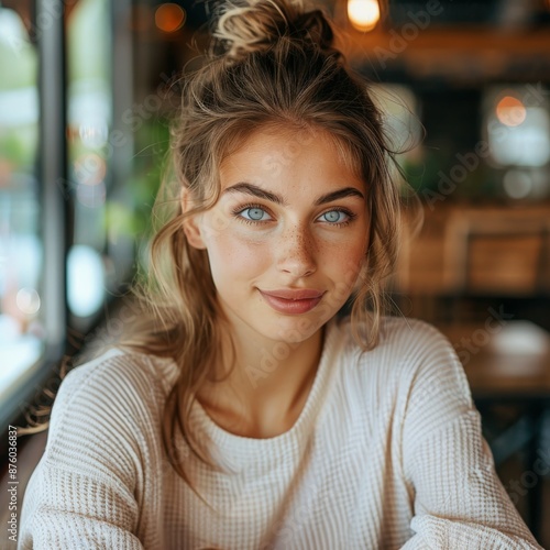 Woman With Blue Eyes Smiles in Cafe