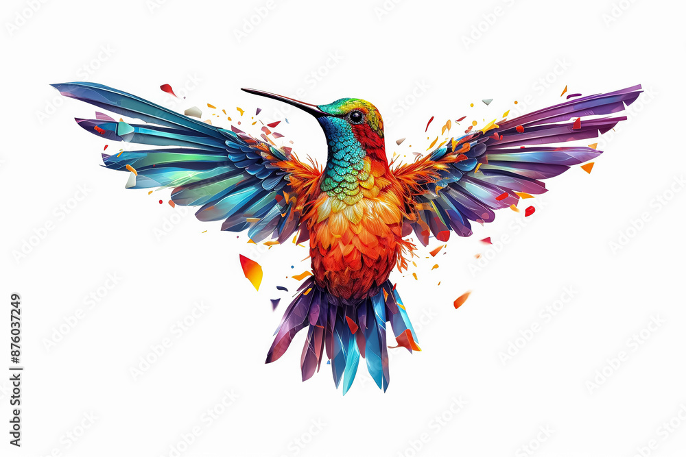 Obraz premium A colorful hummingbird is flying in the air with its wings spread wide.