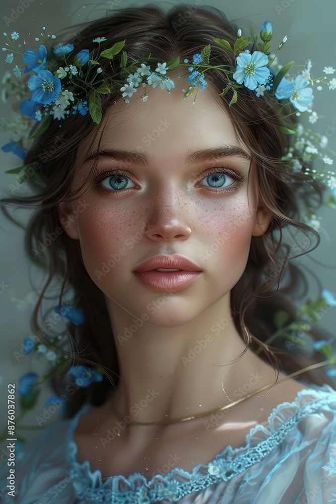 Naklejka premium Woman With Flowers in Hair Painting