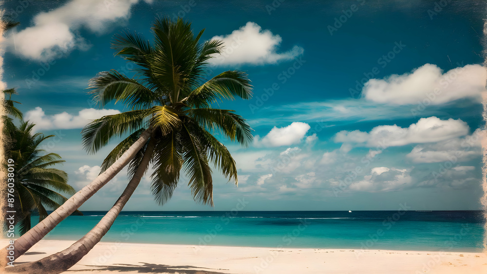 Palm tree on tropical beach with blue sky and white clouds abstract background. Copy space of summer vacation and business travel concept. Vintage tone filter effect color Palm tree on tropical beach with blue sky and white clouds abstract background. Copy space of summer vacation and business travel concept. Vintage tone filter effect color