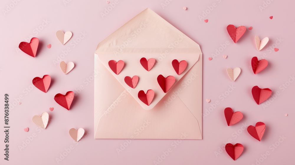 Love letter in an envelope adorned with handmade paper hearts, creating a romantic scene against a delicate pink backdrop, leaving ample space for your special message. Love letter in an envelope adorned with handmade paper hearts, creating a romantic scene against a delicate pink backdrop, leaving ample space for your special message.