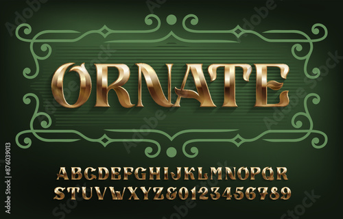 Ornate alphabet font. 3d golden letters and numbers. Stock vector typeface for your design.