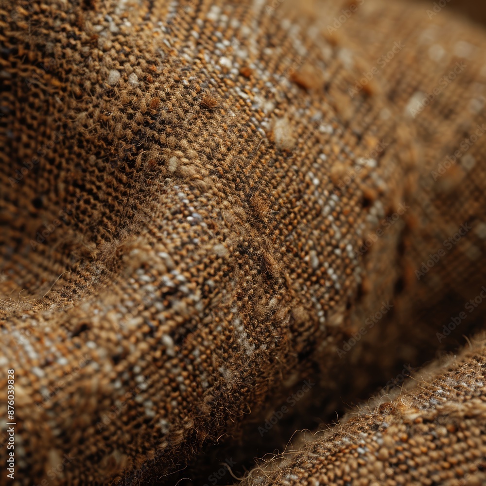 Close-up view of textured brown woven fabric material showcasing intricate details, fiber interweaving, and nuanced patterns for textile design inspiration Close-up view of textured brown woven fabric material showcasing intricate details, fiber interweaving, and nuanced patterns for textile design inspiration