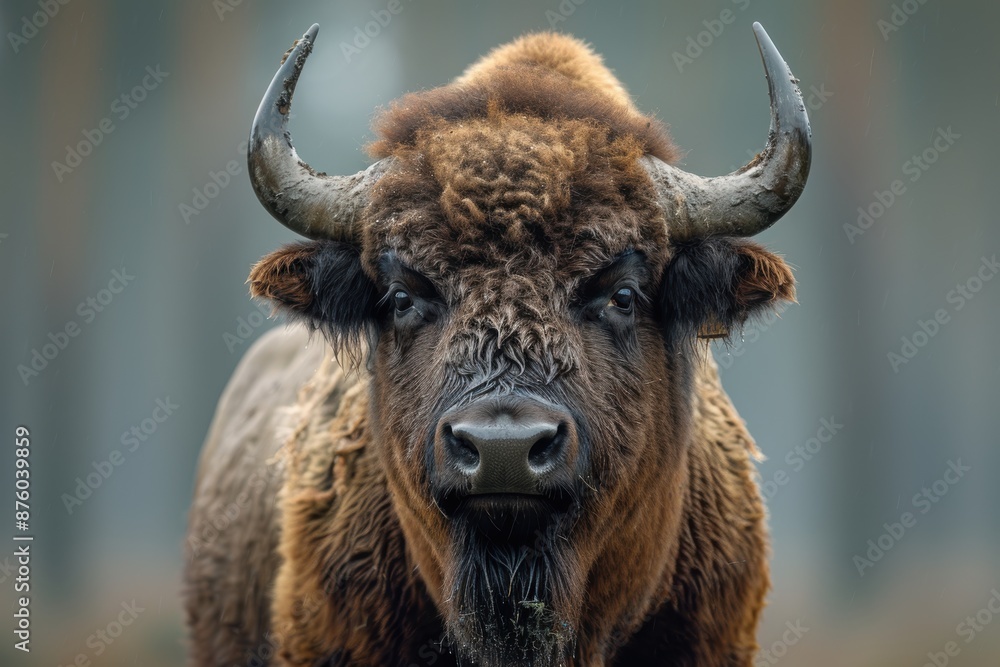 Close-up photograph of a European bison with sharp focus on its face, displaying its impressive horns and detailed fur against a blurred natural background Close-up photograph of a European bison with sharp focus on its face, displaying its impressive horns and detailed fur against a blurred natural background