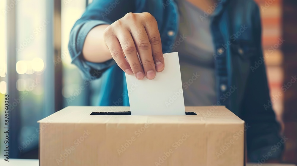 Civic Duty - Person Voting and Inserting Ballot into Ballot Box with Copy Space. Civic Duty - Person Voting and Inserting Ballot into Ballot Box with Copy Space.