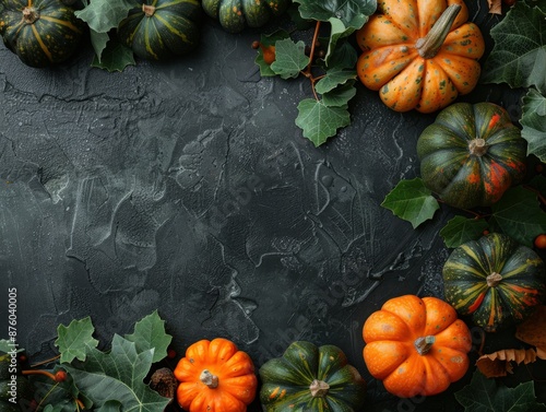 Autumn Pumpkins and Leaves on Dark Background photo