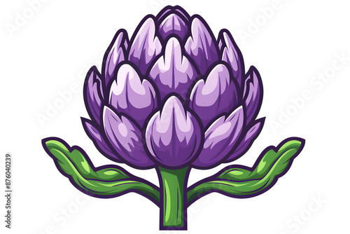 Flat logo illustration of a cute purple artichocke isolated on plain, simple background. Generative AI photo