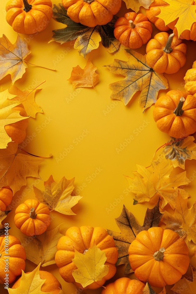 Pumpkins and Leaves Frame Yellow Background Pumpkins and Leaves Frame Yellow Background