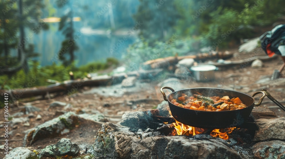 A pot of food simmers over a campfire in the woods. The hikers are cooking a meal in the heart of nature A pot of food simmers over a campfire in the woods. The hikers are cooking a meal in the heart of nature