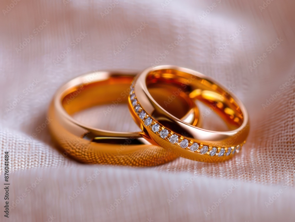 Wedding Bands A Symbol of Love and Commitment, Forever Bound Together Two Gold Bands, One With Diamonds, Rest on a Delicate Fabric, Representing the Tender Exchange of Vows and the Beginning of a Wedding Bands A Symbol of Love and Commitment, Forever Bound Together Two Gold Bands, One With Diamonds, Rest on a Delicate Fabric, Representing the Tender Exchange of Vows and the Beginning of a