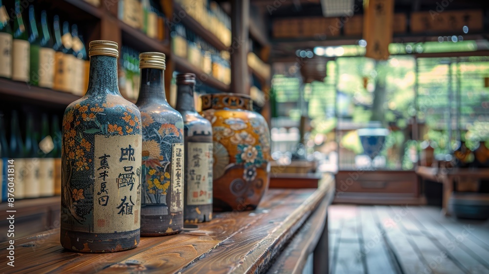 A serene and ambient interior of a traditional Japanese sake brewery with beautifully crafted ceramic bottles and jars displayed on a wooden shelf A serene and ambient interior of a traditional Japanese sake brewery with beautifully crafted ceramic bottles and jars displayed on a wooden shelf