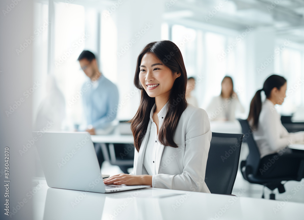 Young professional woman working on a laptop in a modern office, surrounded by colleagues and bright lighting Young professional woman working on a laptop in a modern office, surrounded by colleagues and bright lighting