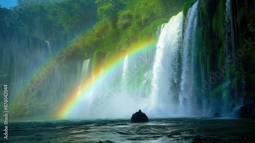 Rainbow Over Waterfall in Lush Green Forest