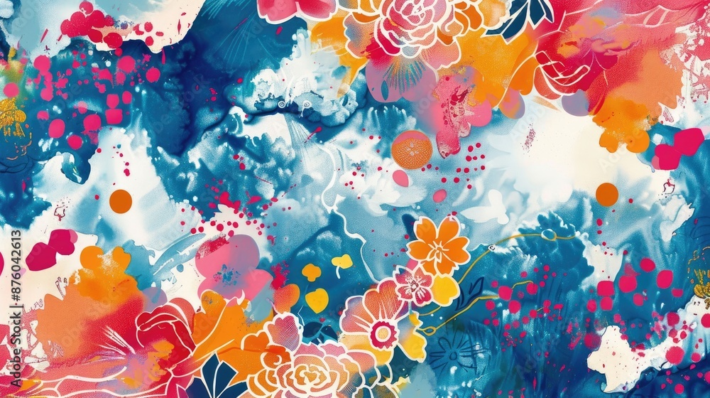 Watercolor batik pattern in Japanese style with vibrant colors for textile design Watercolor batik pattern in Japanese style with vibrant colors for textile design