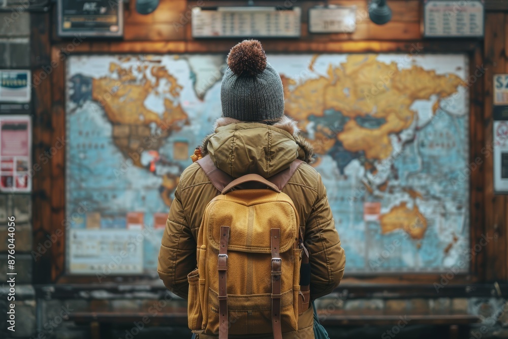 Young traveler wearing a beanie and brown backpack studying a large detailed world map inside a cozy rustic setting filled with maps and travel guides Young traveler wearing a beanie and brown backpack studying a large detailed world map inside a cozy rustic setting filled with maps and travel guides