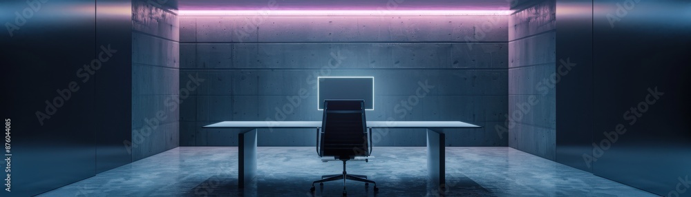 Fototapeta premium Futuristic podcast studio with sleek equipment, neon accents, blue and purple hues, hightech design