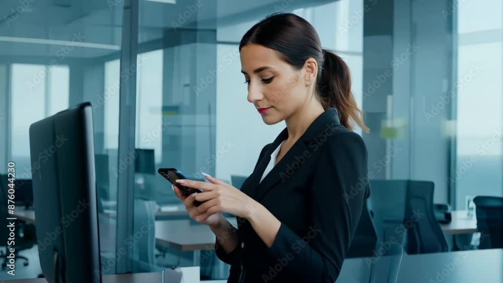 Young adult professional business woman using mobile cell phone. European businesswoman CEO holding smartphone. Office background. Employee girl in suit type cellphone. Young adult professional business woman using mobile cell phone. European businesswoman CEO holding smartphone. Office background. Employee girl in suit type cellphone.