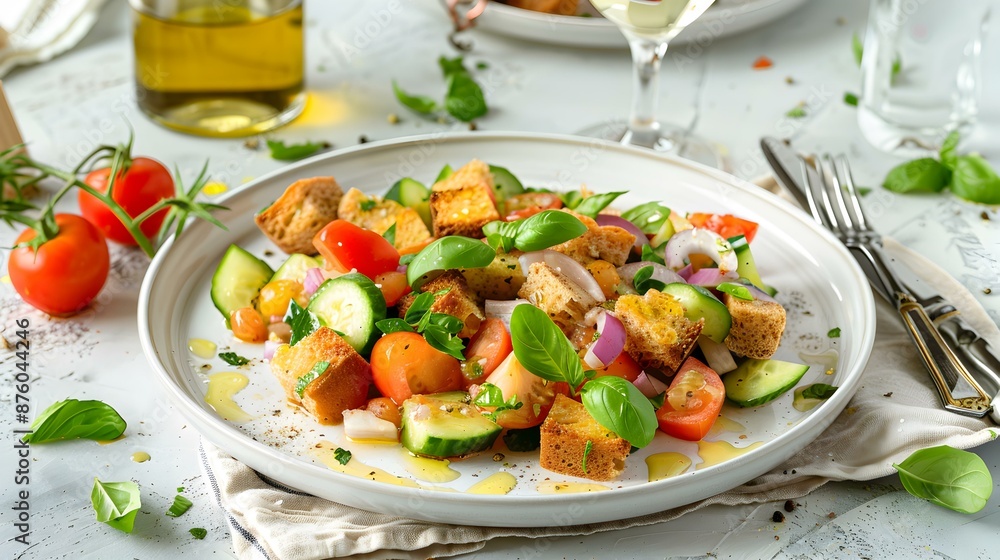 Panzanella served on a white plate image Panzanella served on a white plate image