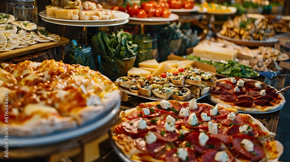 A buffet with mini-pizzas where small pieces img A buffet with mini-pizzas where small pieces img