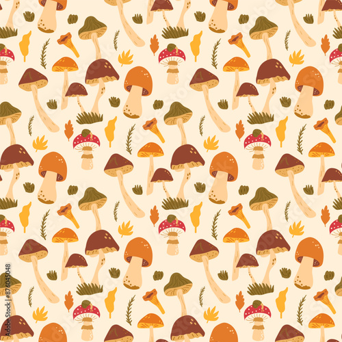 Mushrooms seamless pattern. Fungus repeat background. Vector hand drawn flat illustration.