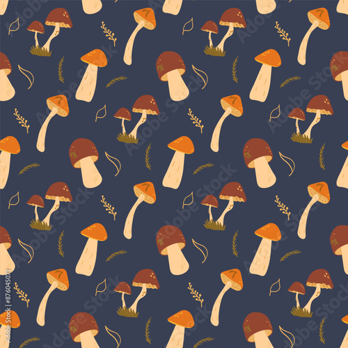 Edible mushrooms seamless pattern. Various fungus endless background. Vector hand drawn flat illustration.