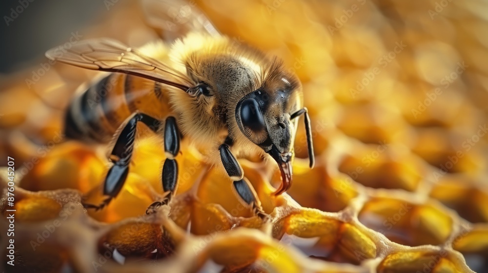 A close-up view of a honey bee busily gathering nectar from a honeycomb, showcasing the intricate details of its wings and body, against a striking golden background A close-up view of a honey bee busily gathering nectar from a honeycomb, showcasing the intricate details of its wings and body, against a striking golden background