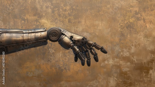 Steampunkinspired mechanical hand, vintage, intricate details, brown and gold tones, illustration photo