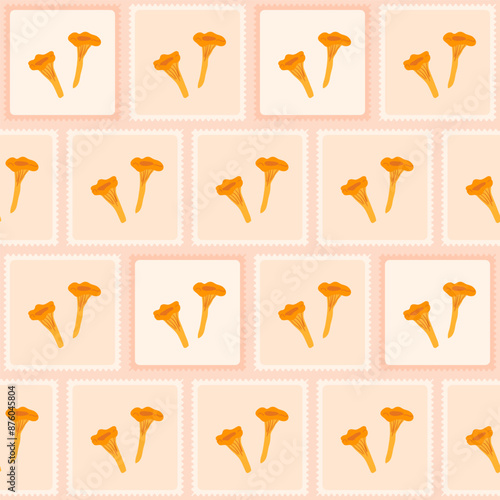 Chanterelle Mushrooms checked seamless pattern. Bento box repeat background. Autumn picking mushroom retro stamps endless design. Vector hand drawn flat illustration.