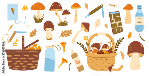Set of picking mushrooms. Forest autumn activity kit. Vector hand drawn flat collection illustration isolated on white background.