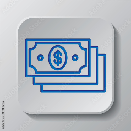 Dollars simple icon, vector. Flat design. Paper cut design. Cutted blue symbol with shadow. Gray badge button, gray background