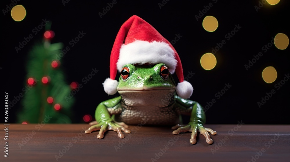 Portrait of a frog in Santa hat. Christmas background. Portrait of a frog in Santa hat. Christmas background.