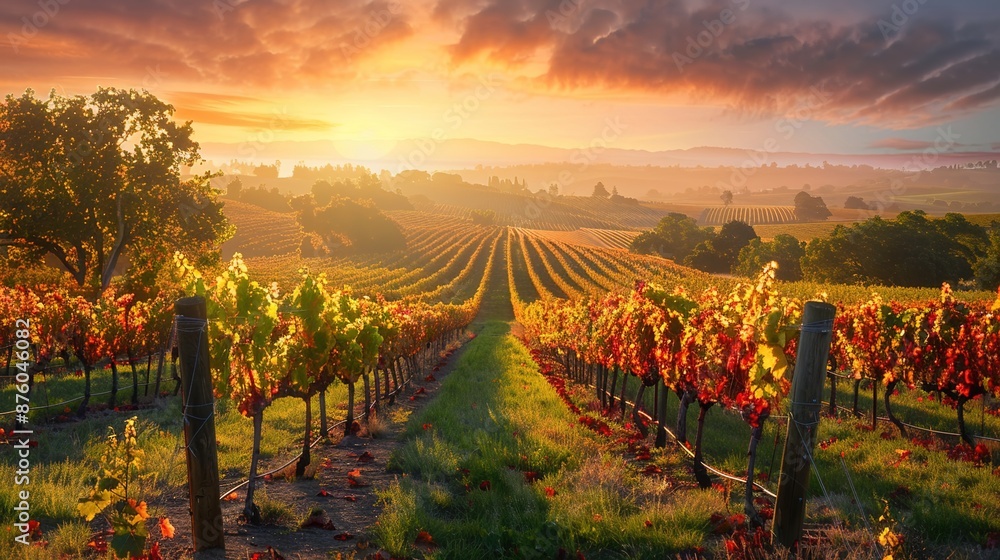 Fototapeta premium Tranquil Sunset in a Vineyard - Peaceful Winemaking Scene with Colorful Skies and Vine Rows